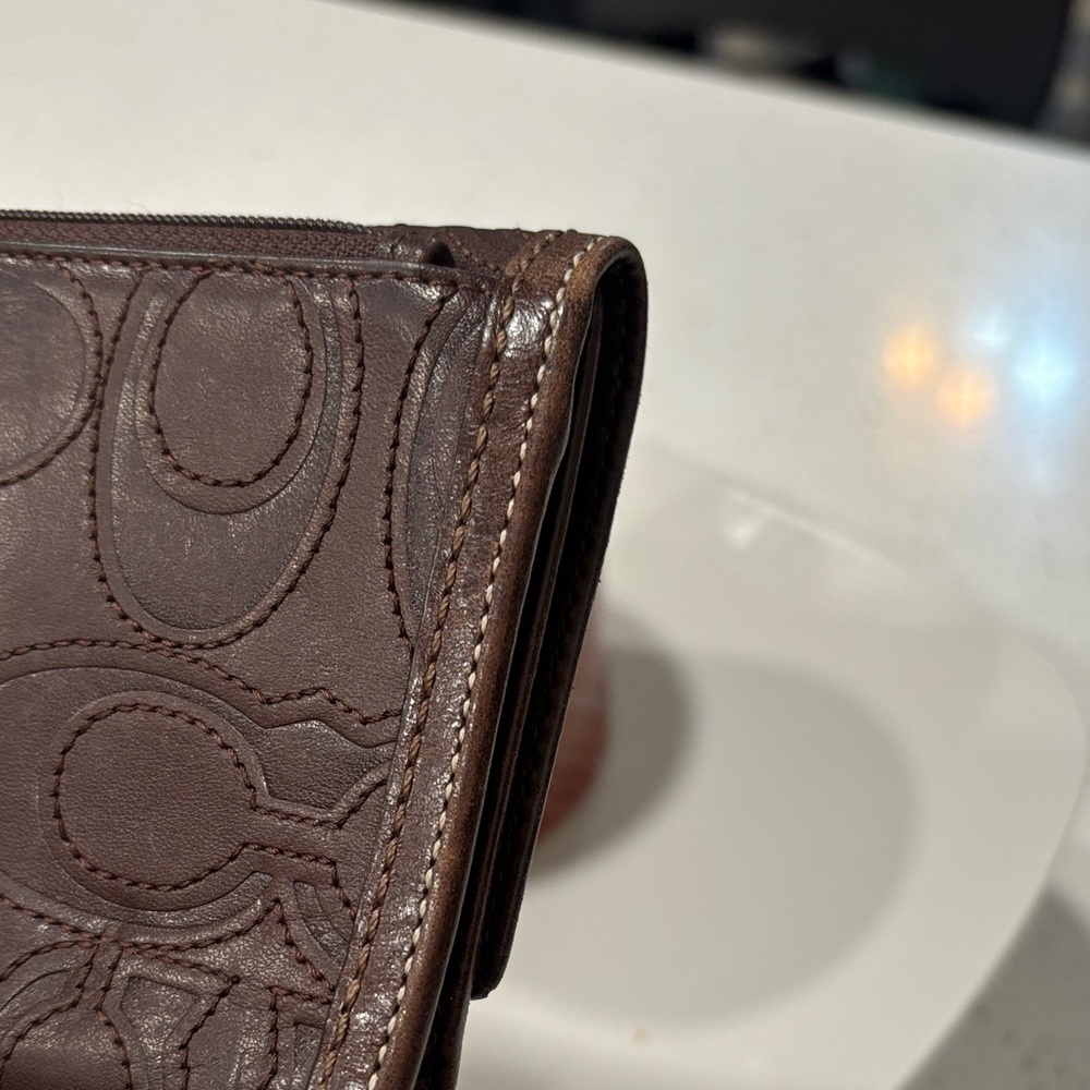 Coach Dark Brown Embossed Signature Leather Wallet with Gold Snap - Picture 12 of 13